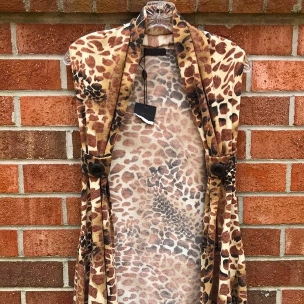 Bacci Leopard Animal Print Wool Blend Open Front Sleeveless Sweater sz XL